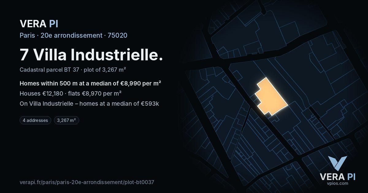 7 Villa Industrielle, 20e arrondissement at night – the plot lit, the parcels around coloured by the prices near them