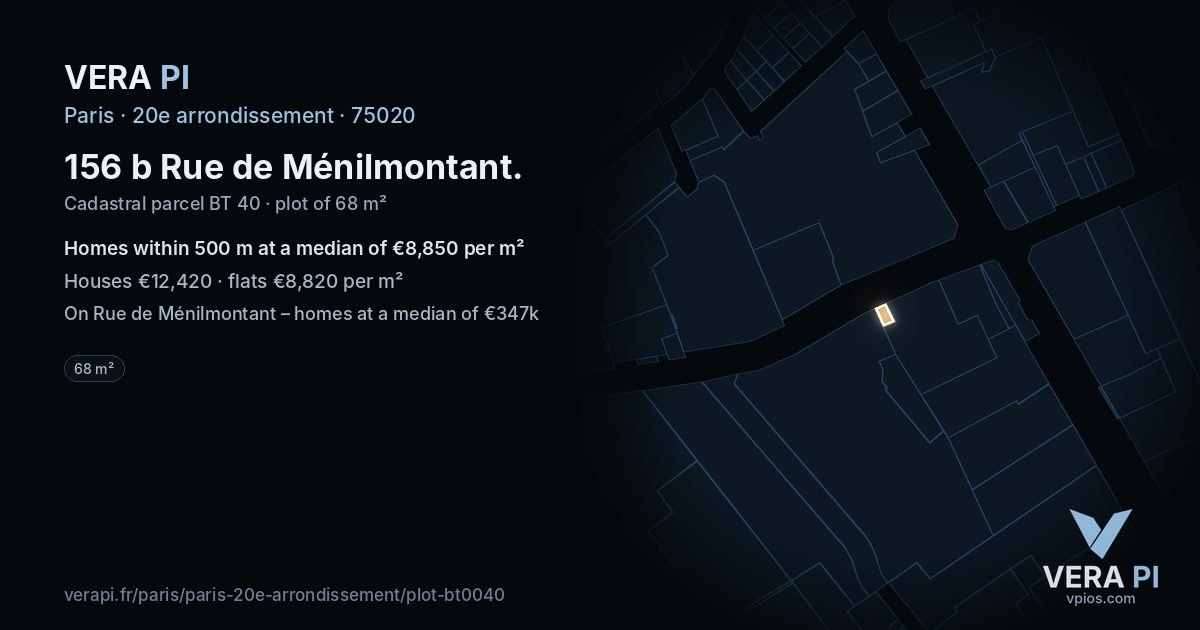 156 b Rue de Ménilmontant, 20e arrondissement at night – the plot lit, the parcels around coloured by the prices near them