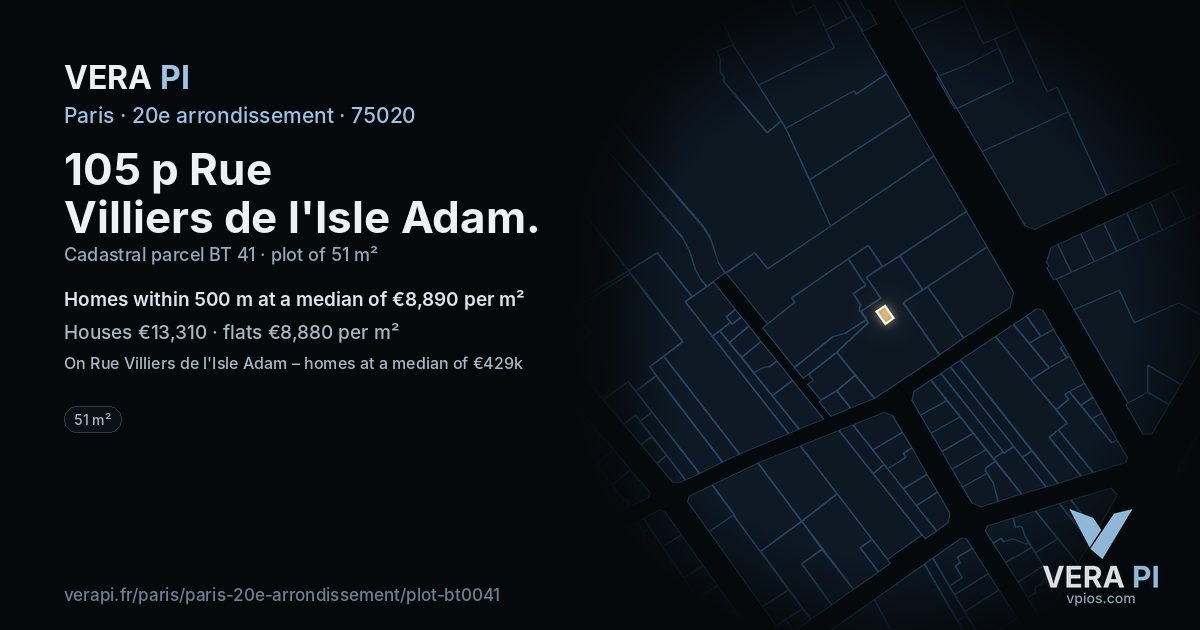 105 p Rue Villiers de l'Isle Adam, 20e arrondissement at night – the plot lit, the parcels around coloured by the prices near them