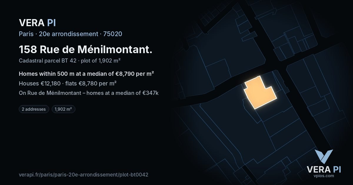 158 Rue de Ménilmontant, 20e arrondissement at night – the plot lit, the parcels around coloured by the prices near them