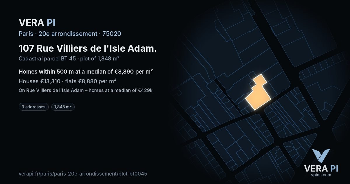 107 Rue Villiers de l'Isle Adam, 20e arrondissement at night – the plot lit, the parcels around coloured by the prices near them