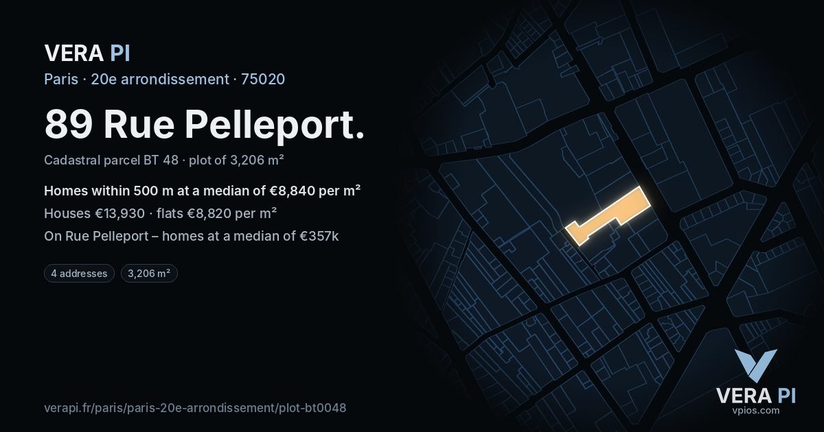 89 Rue Pelleport, 20e arrondissement at night – the plot lit, the parcels around coloured by the prices near them
