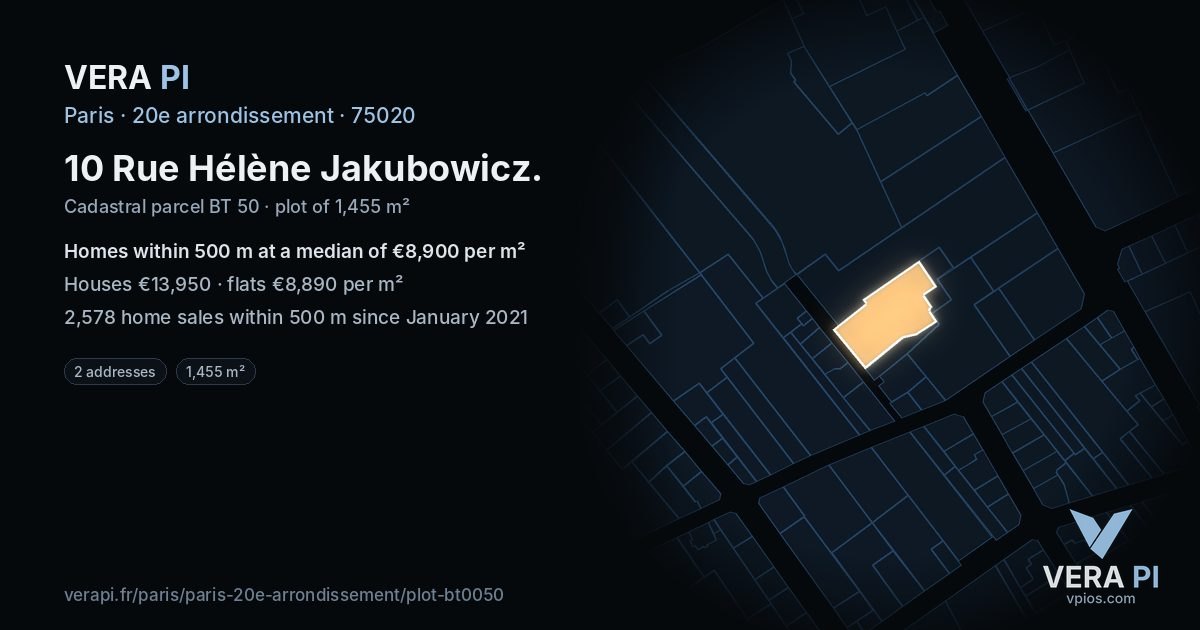 10 Rue Hélène Jakubowicz, 20e arrondissement at night – the plot lit, the parcels around coloured by the prices near them