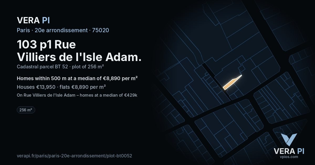 103 p1 Rue Villiers de l'Isle Adam, 20e arrondissement at night – the plot lit, the parcels around coloured by the prices near them