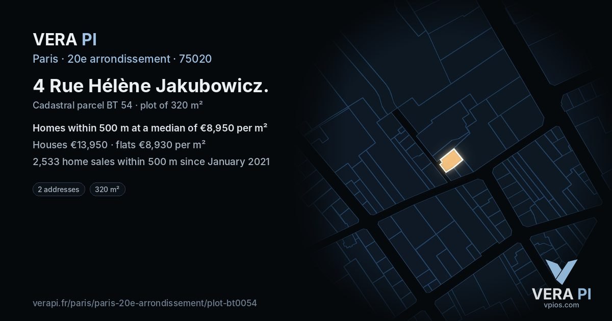 4 Rue Hélène Jakubowicz, 20e arrondissement at night – the plot lit, the parcels around coloured by the prices near them
