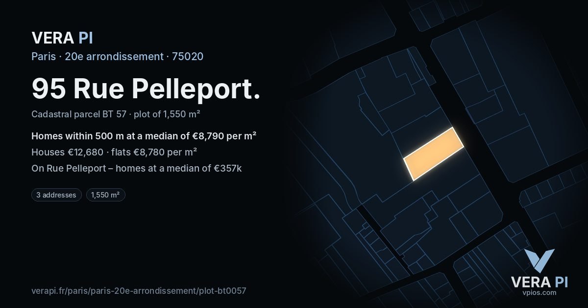 95 Rue Pelleport, 20e arrondissement at night – the plot lit, the parcels around coloured by the prices near them