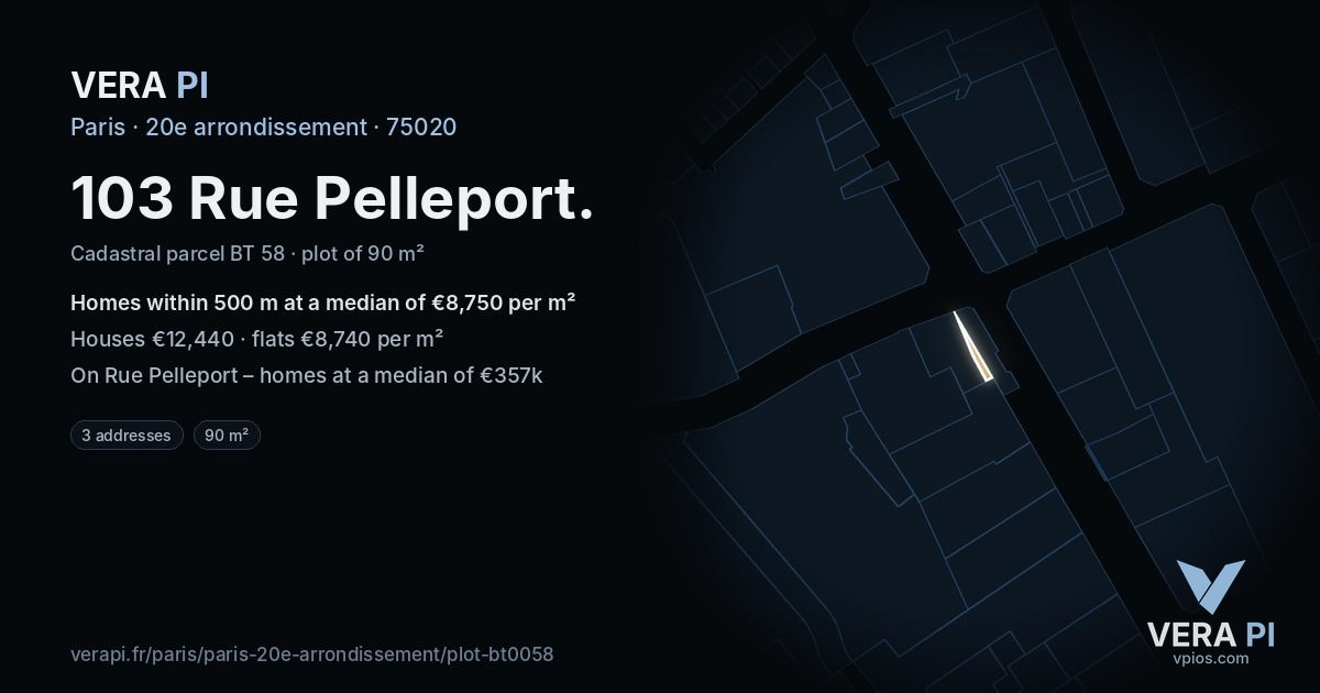 103 Rue Pelleport, 20e arrondissement at night – the plot lit, the parcels around coloured by the prices near them