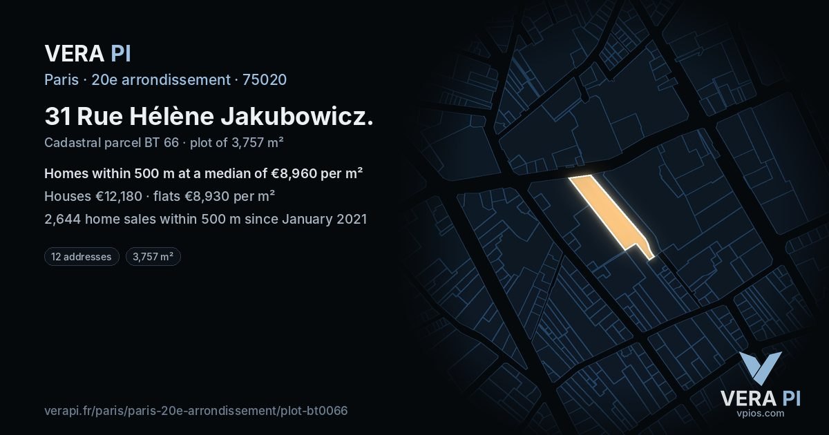 31 Rue Hélène Jakubowicz, 20e arrondissement at night – the plot lit, the parcels around coloured by the prices near them