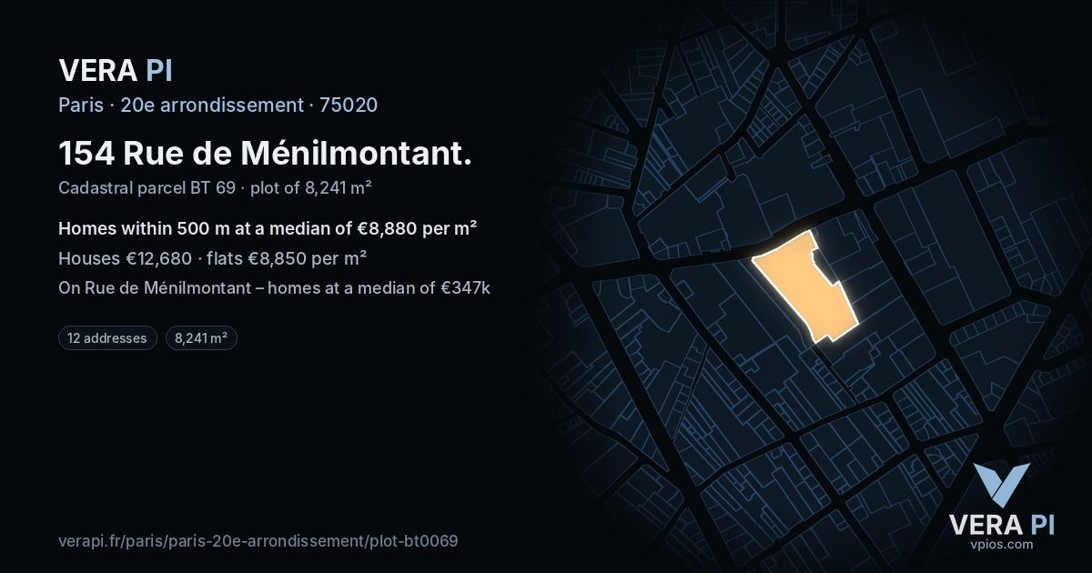 154 Rue de Ménilmontant, 20e arrondissement at night – the plot lit, the parcels around coloured by the prices near them