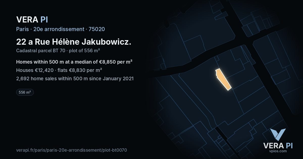 22 a Rue Hélène Jakubowicz, 20e arrondissement at night – the plot lit, the parcels around coloured by the prices near them