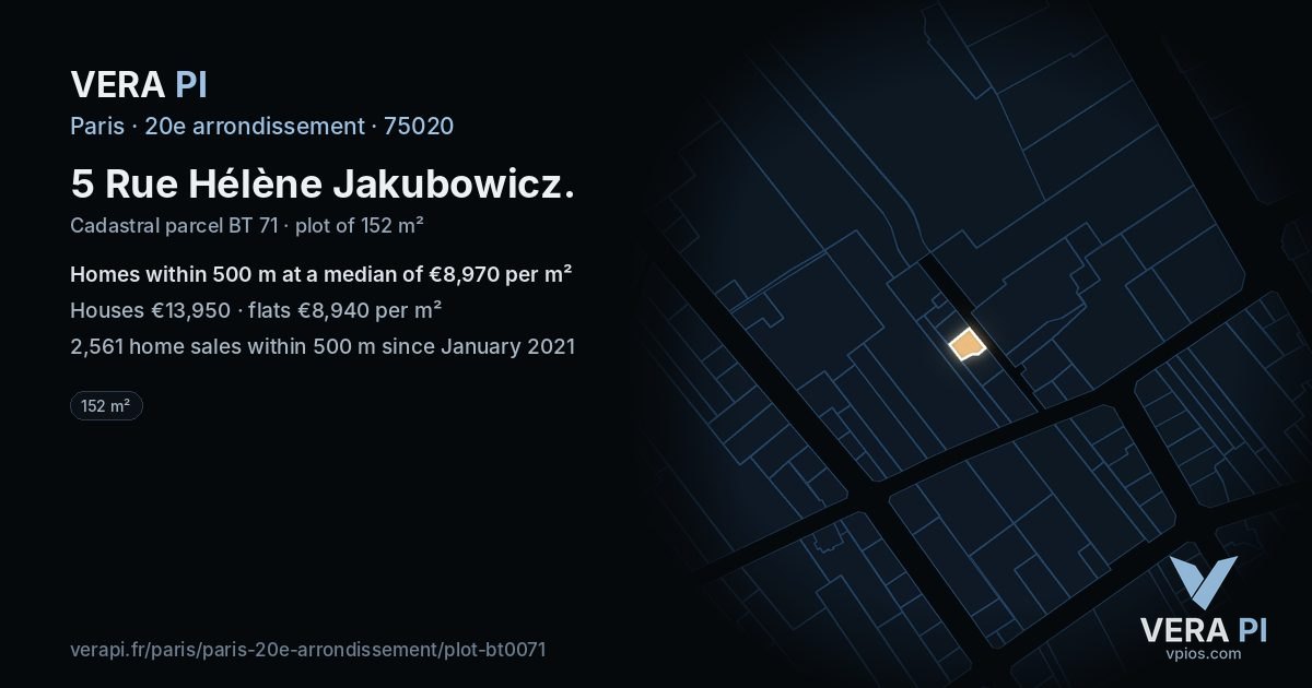5 Rue Hélène Jakubowicz, 20e arrondissement at night – the plot lit, the parcels around coloured by the prices near them