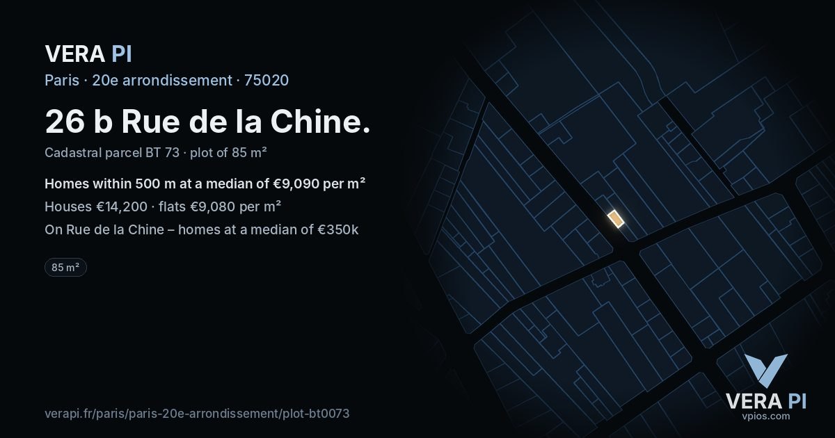 26 b Rue de la Chine, 20e arrondissement at night – the plot lit, the parcels around coloured by the prices near them