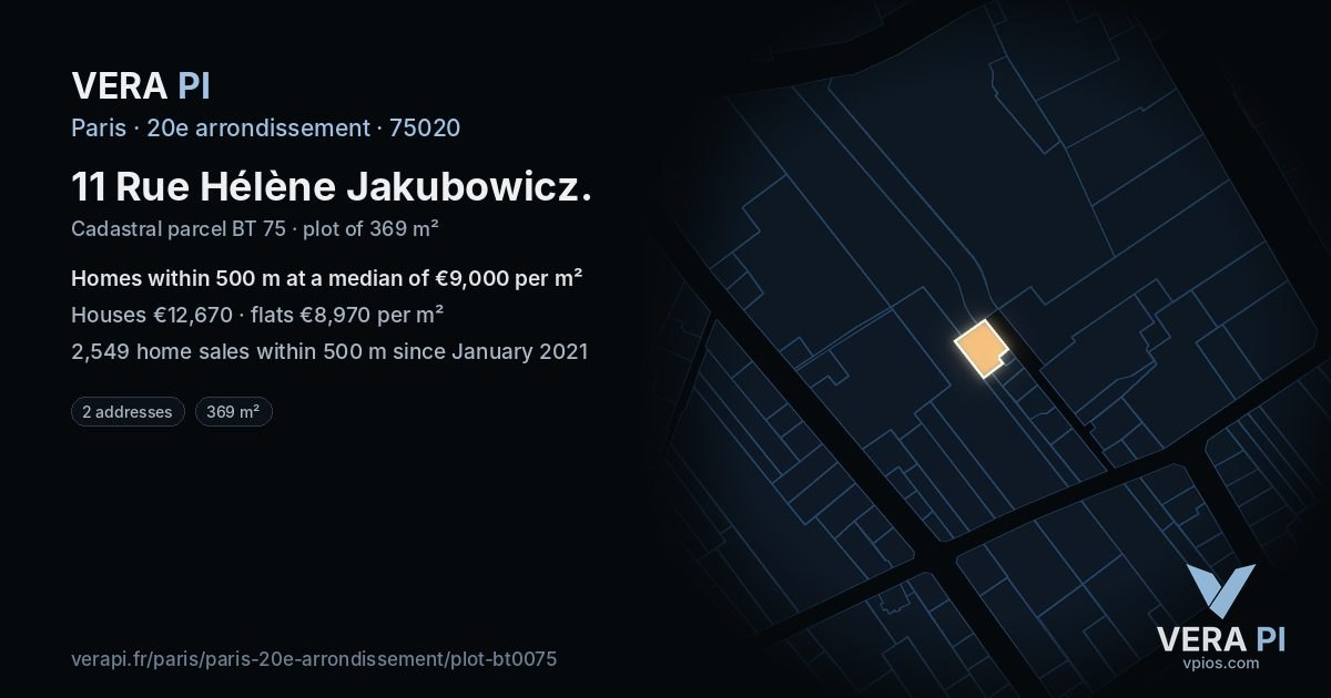 11 Rue Hélène Jakubowicz, 20e arrondissement at night – the plot lit, the parcels around coloured by the prices near them