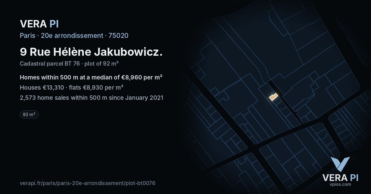 9 Rue Hélène Jakubowicz, 20e arrondissement at night – the plot lit, the parcels around coloured by the prices near them