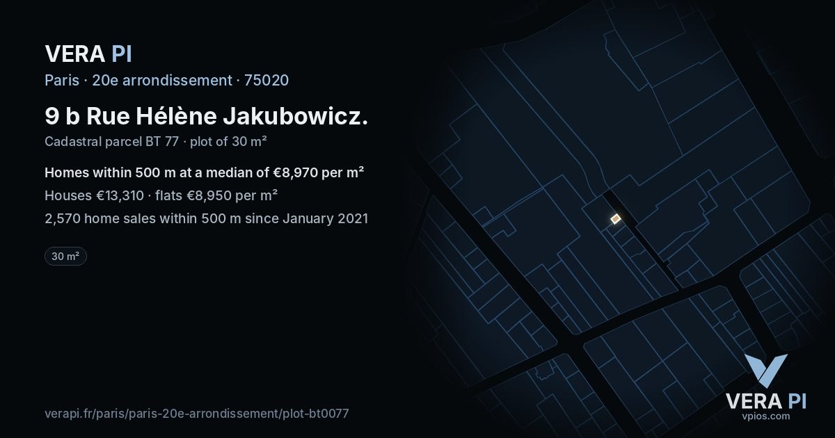 9 b Rue Hélène Jakubowicz, 20e arrondissement at night – the plot lit, the parcels around coloured by the prices near them