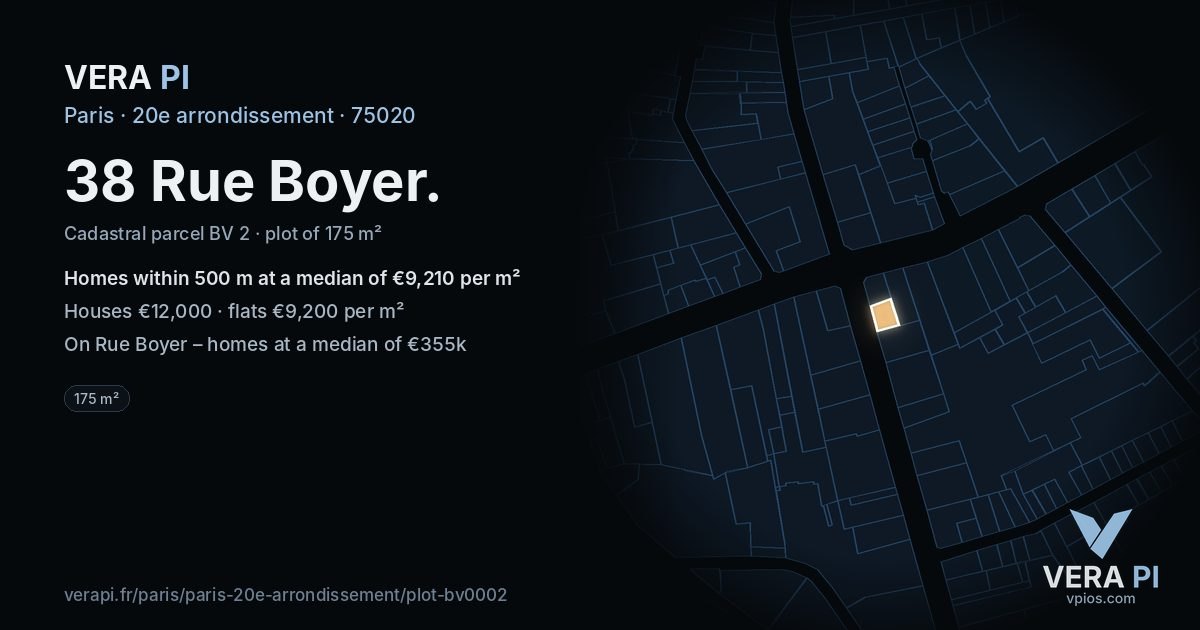 38 Rue Boyer, 20e arrondissement at night – the plot lit, the parcels around coloured by the prices near them