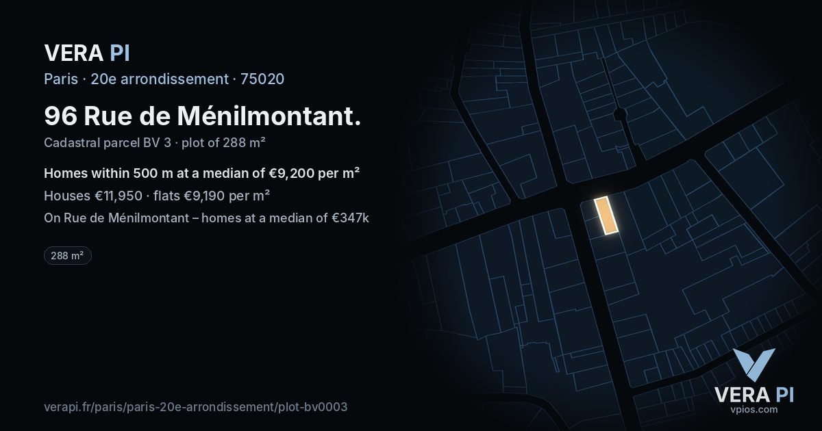 96 Rue de Ménilmontant, 20e arrondissement at night – the plot lit, the parcels around coloured by the prices near them