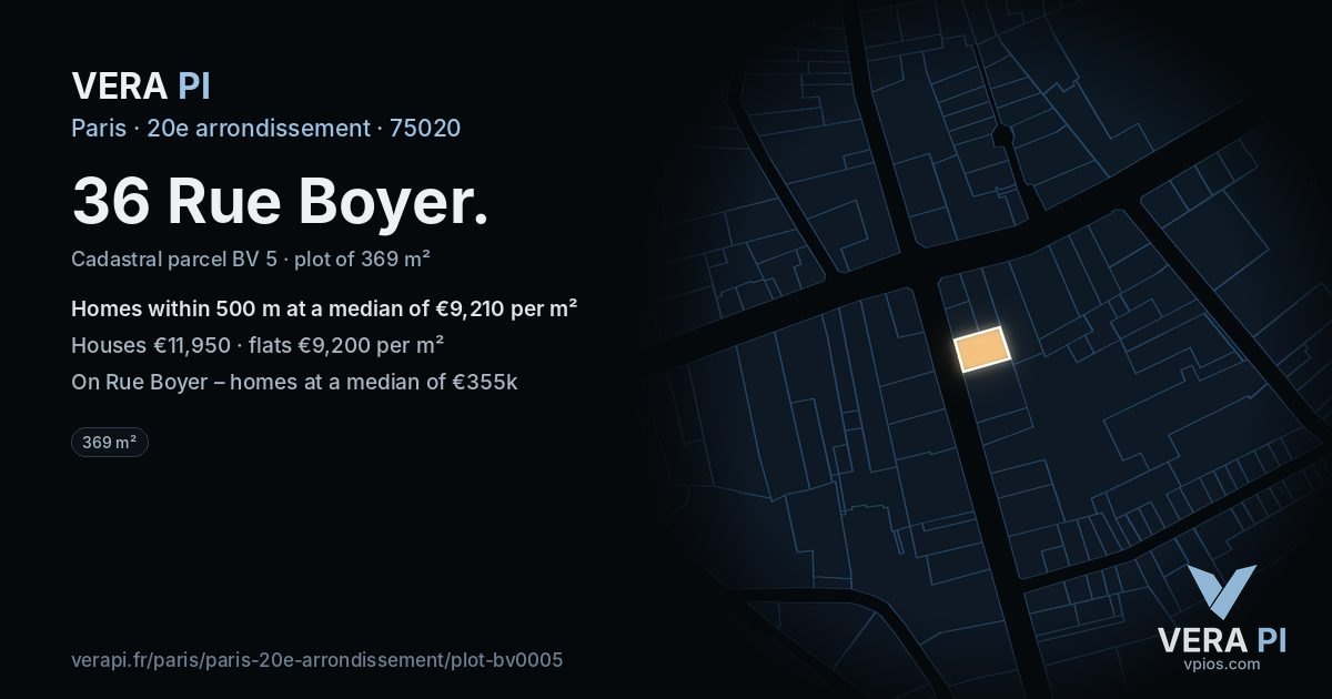 36 Rue Boyer, 20e arrondissement at night – the plot lit, the parcels around coloured by the prices near them