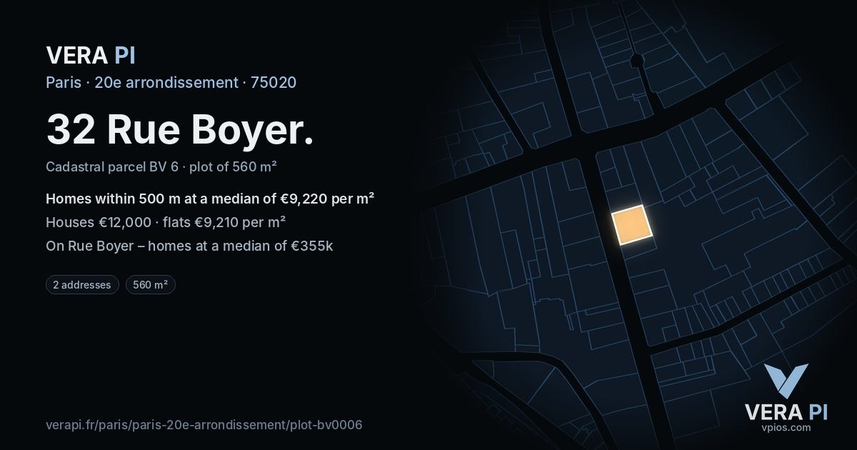 32 Rue Boyer, 20e arrondissement at night – the plot lit, the parcels around coloured by the prices near them