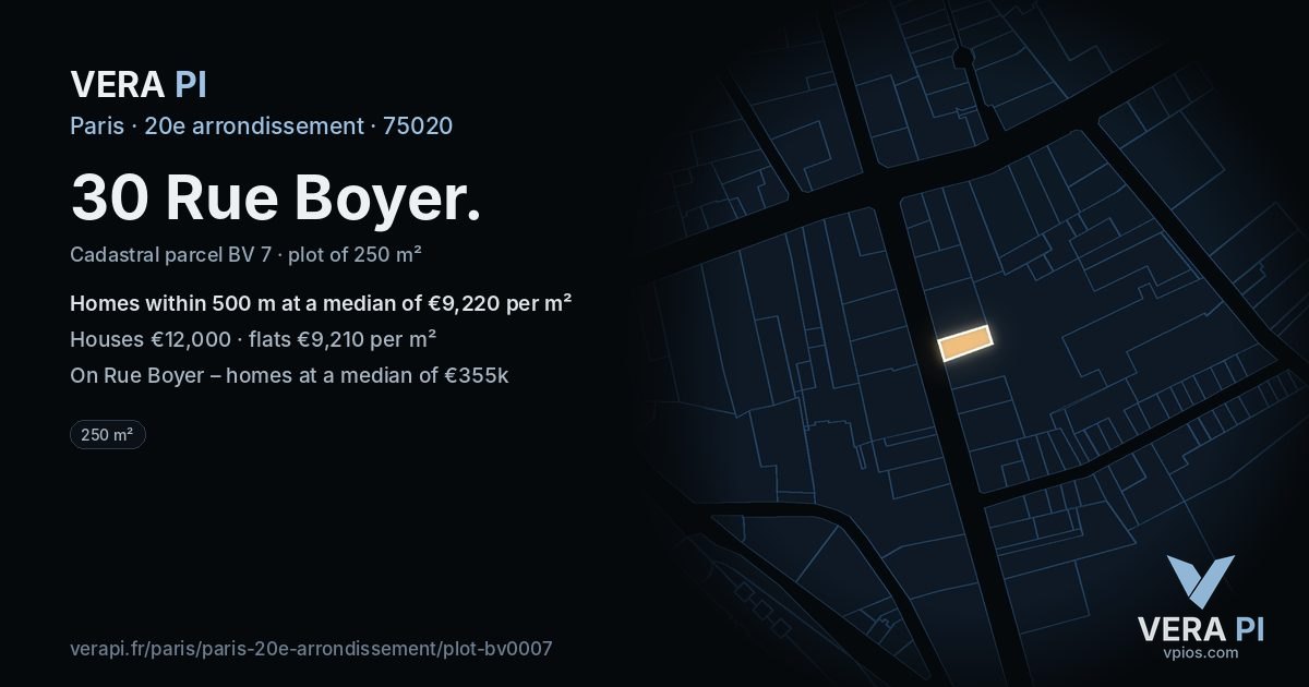 30 Rue Boyer, 20e arrondissement at night – the plot lit, the parcels around coloured by the prices near them