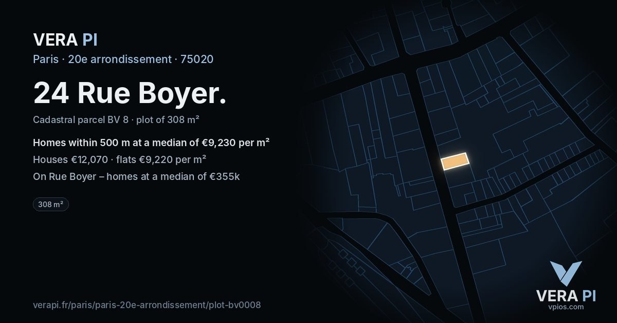 24 Rue Boyer, 20e arrondissement at night – the plot lit, the parcels around coloured by the prices near them