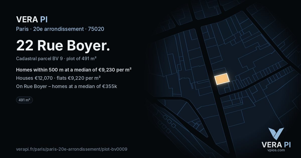 22 Rue Boyer, 20e arrondissement at night – the plot lit, the parcels around coloured by the prices near them