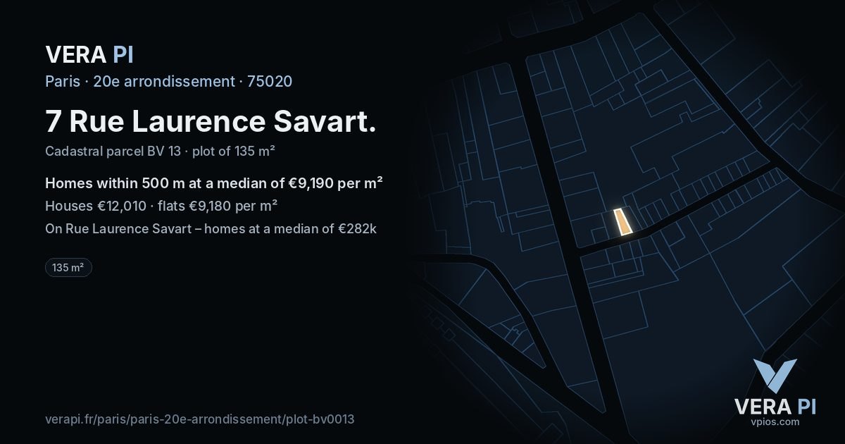7 Rue Laurence Savart, 20e arrondissement at night – the plot lit, the parcels around coloured by the prices near them