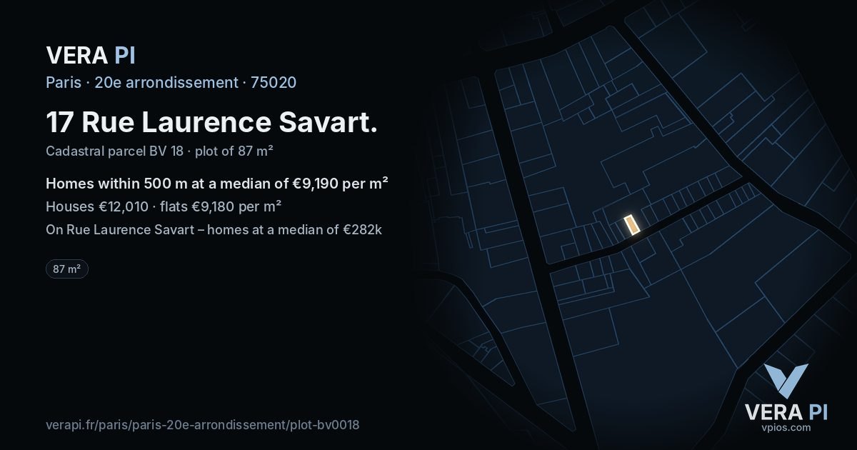 17 Rue Laurence Savart, 20e arrondissement at night – the plot lit, the parcels around coloured by the prices near them