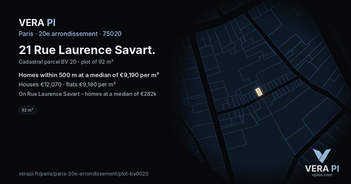 21 Rue Laurence Savart, 20e arrondissement at night – the plot lit, the parcels around coloured by the prices near them