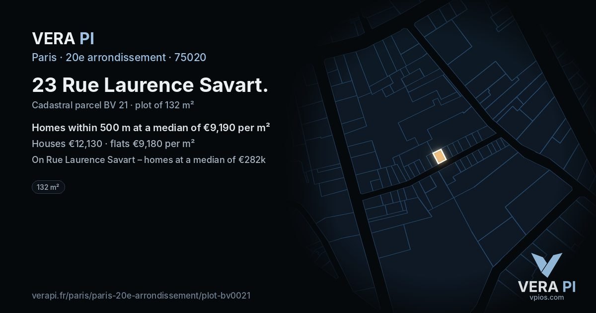23 Rue Laurence Savart, 20e arrondissement at night – the plot lit, the parcels around coloured by the prices near them