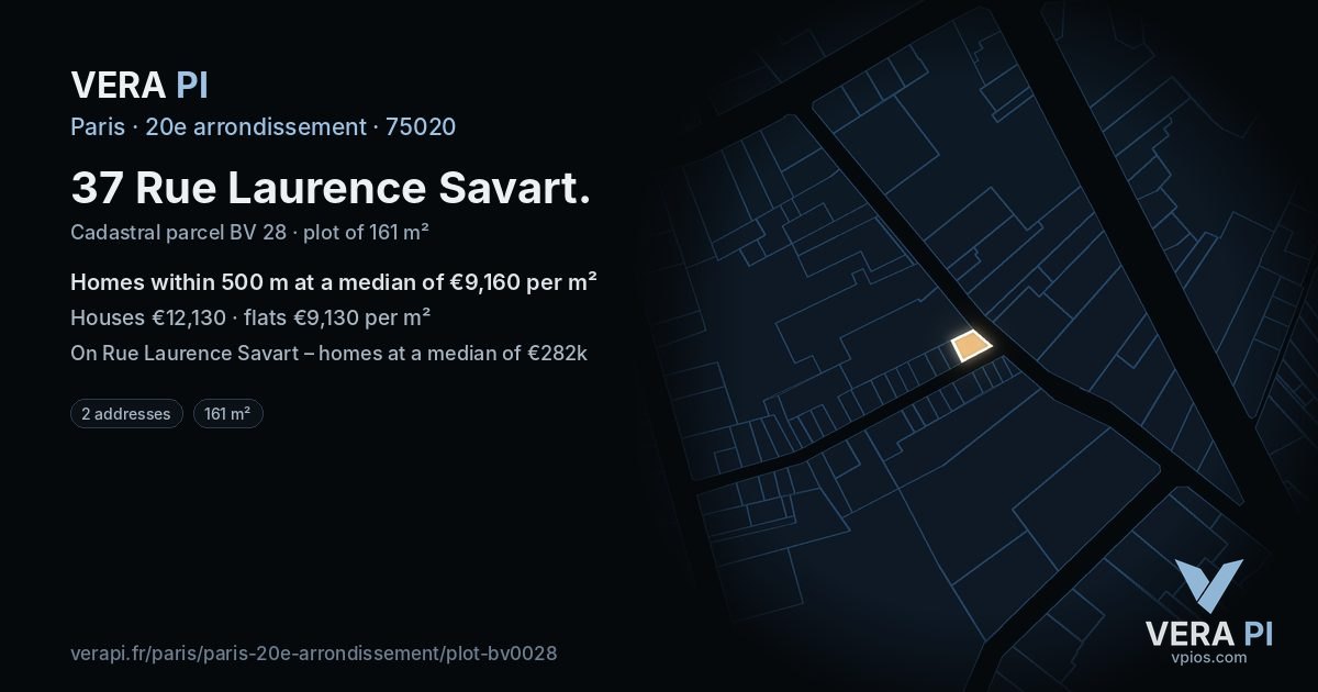 37 Rue Laurence Savart, 20e arrondissement at night – the plot lit, the parcels around coloured by the prices near them