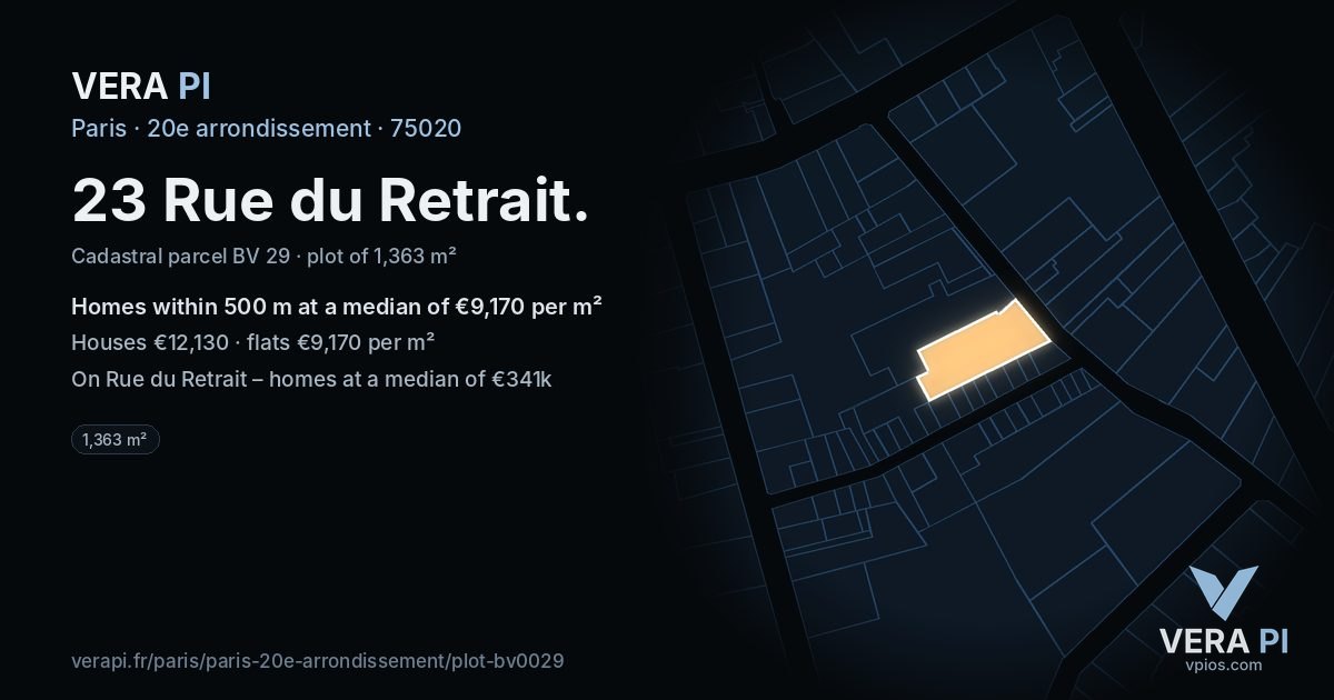 23 Rue du Retrait, 20e arrondissement at night – the plot lit, the parcels around coloured by the prices near them