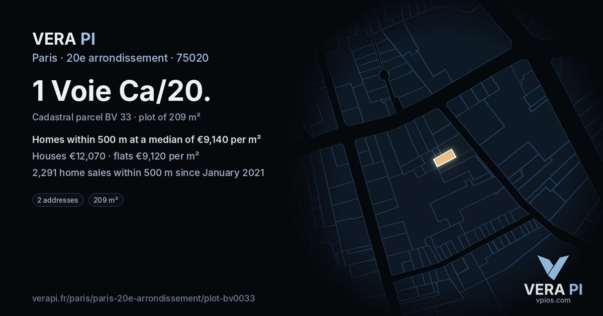 1 Voie Ca/20, 20e arrondissement at night – the plot lit, the parcels around coloured by the prices near them