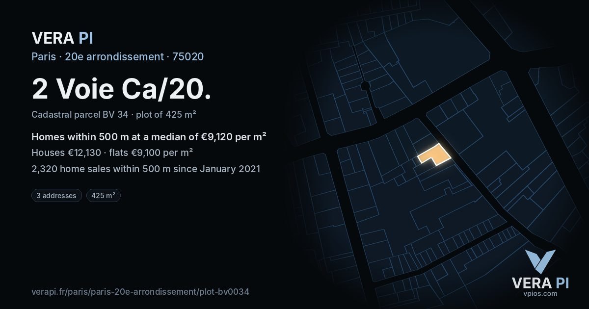 2 Voie Ca/20, 20e arrondissement at night – the plot lit, the parcels around coloured by the prices near them