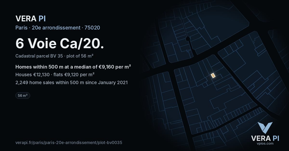 6 Voie Ca/20, 20e arrondissement at night – the plot lit, the parcels around coloured by the prices near them