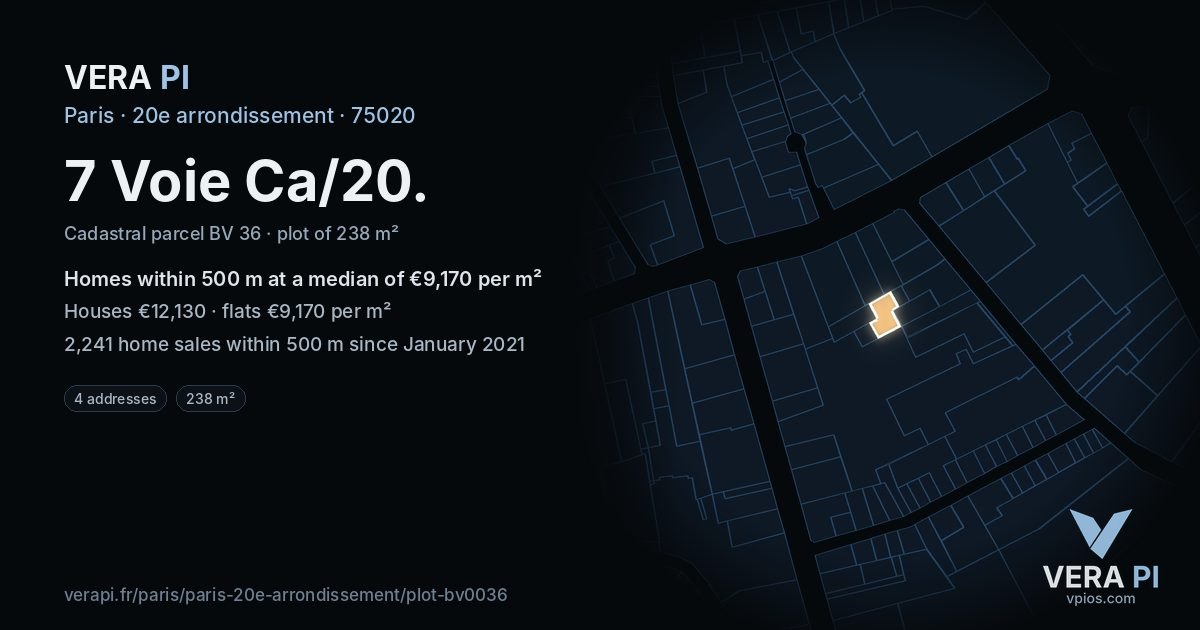 7 Voie Ca/20, 20e arrondissement at night – the plot lit, the parcels around coloured by the prices near them