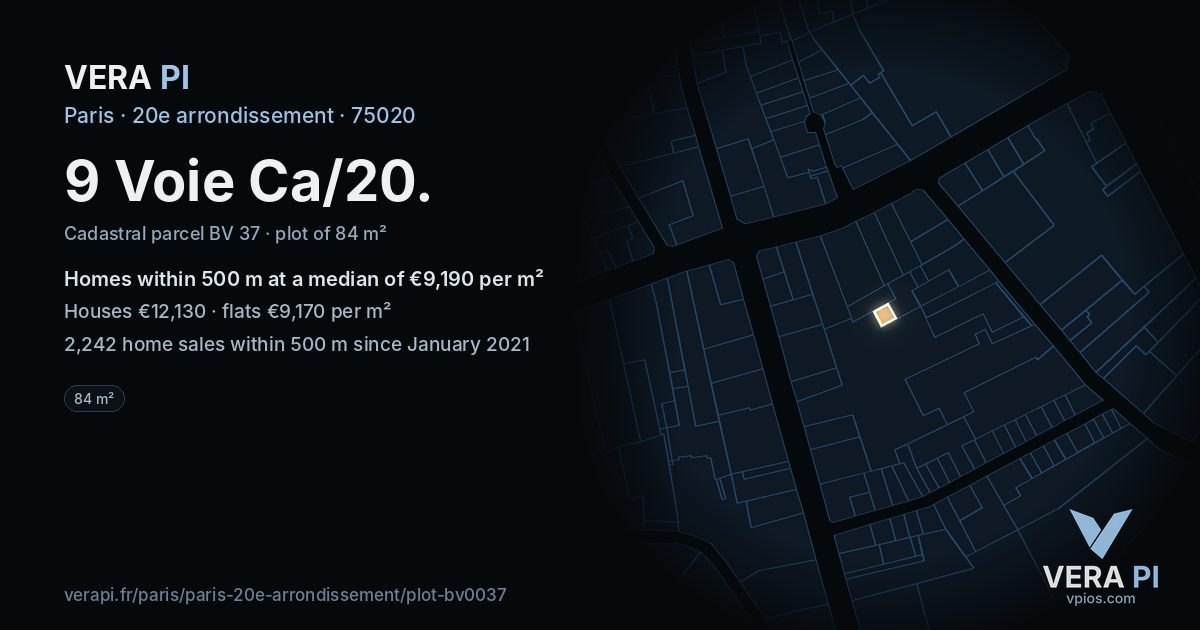 9 Voie Ca/20, 20e arrondissement at night – the plot lit, the parcels around coloured by the prices near them