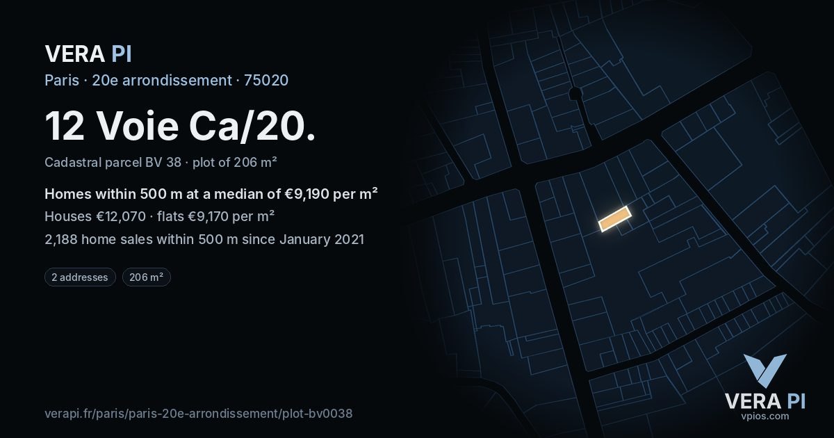 12 Voie Ca/20, 20e arrondissement at night – the plot lit, the parcels around coloured by the prices near them