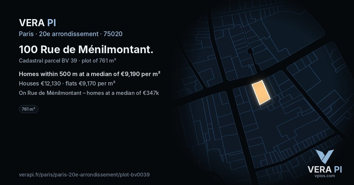 100 Rue de Ménilmontant, 20e arrondissement at night – the plot lit, the parcels around coloured by the prices near them