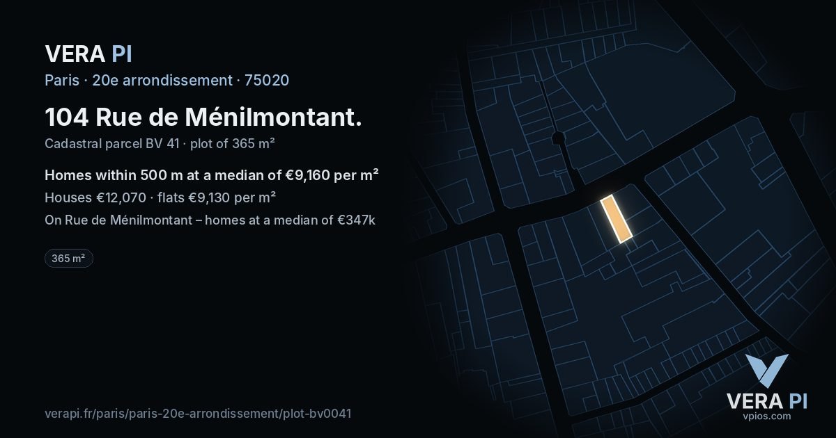 104 Rue de Ménilmontant, 20e arrondissement at night – the plot lit, the parcels around coloured by the prices near them