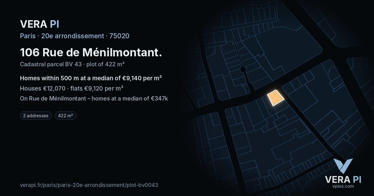106 Rue de Ménilmontant, 20e arrondissement at night – the plot lit, the parcels around coloured by the prices near them