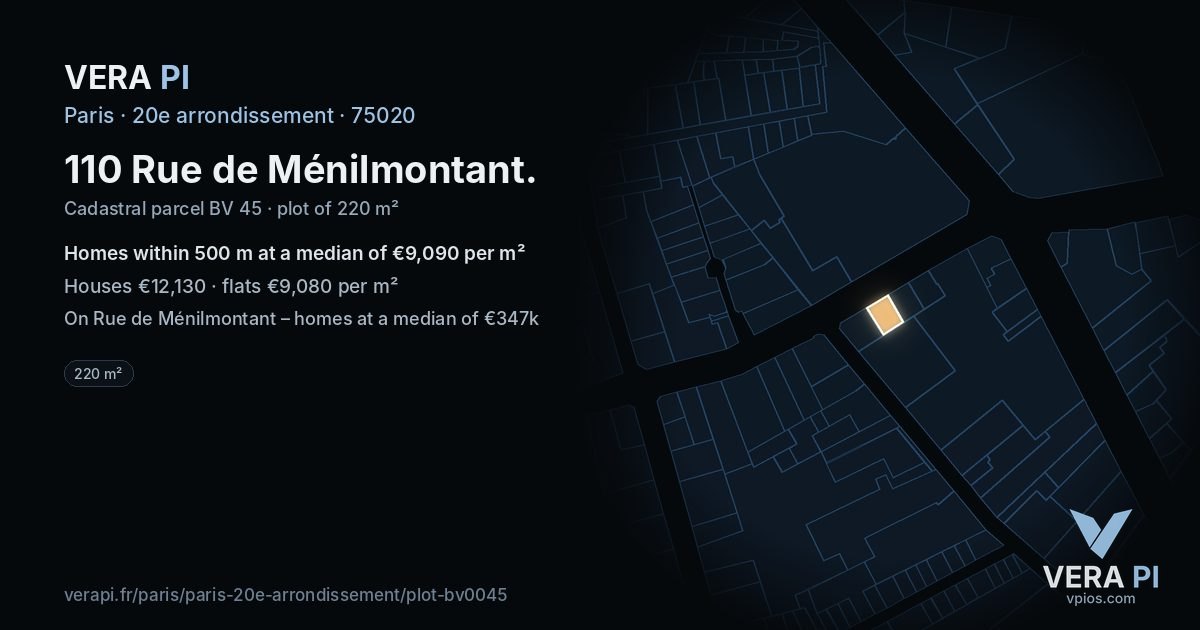 110 Rue de Ménilmontant, 20e arrondissement at night – the plot lit, the parcels around coloured by the prices near them