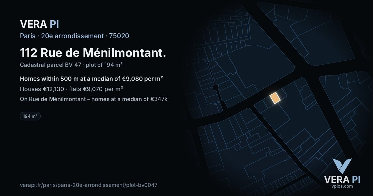 112 Rue de Ménilmontant, 20e arrondissement at night – the plot lit, the parcels around coloured by the prices near them