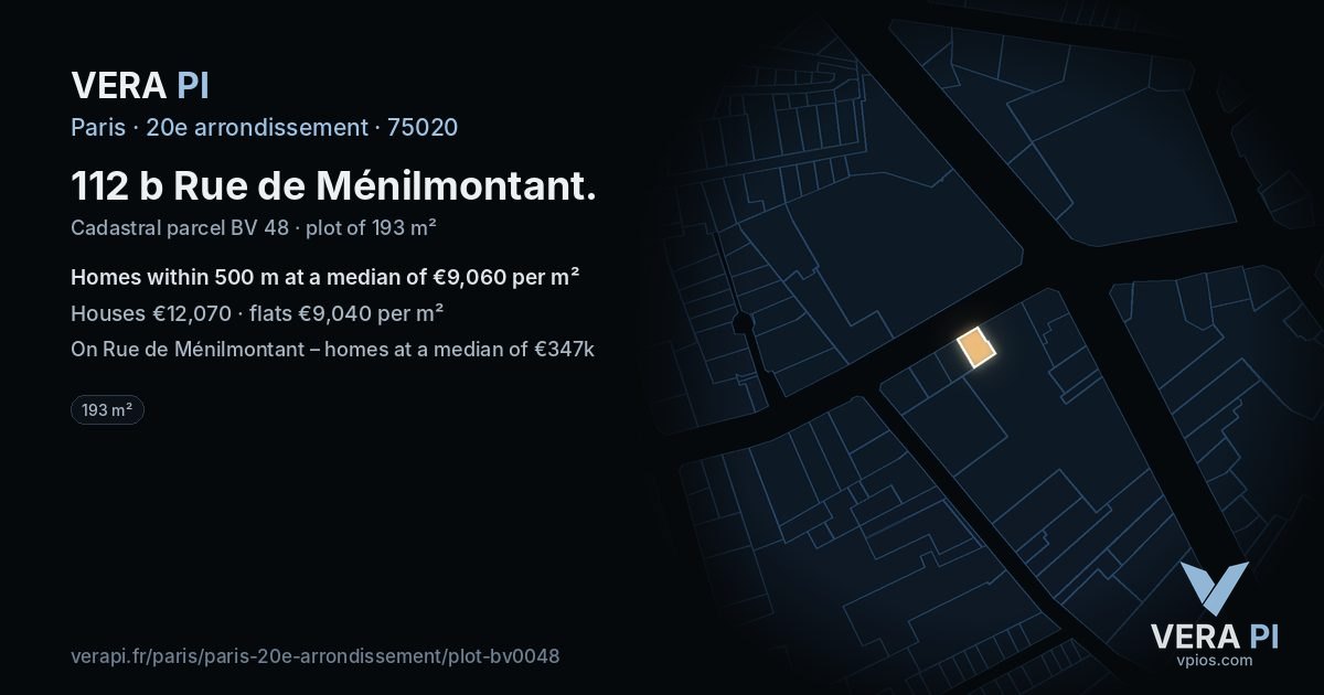 112 b Rue de Ménilmontant, 20e arrondissement at night – the plot lit, the parcels around coloured by the prices near them