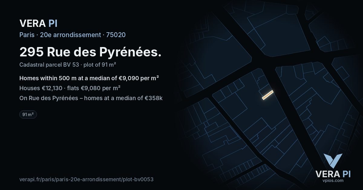295 Rue des Pyrénées, 20e arrondissement at night – the plot lit, the parcels around coloured by the prices near them