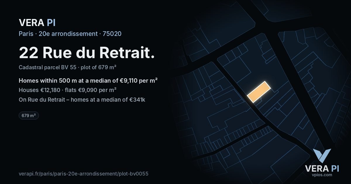 22 Rue du Retrait, 20e arrondissement at night – the plot lit, the parcels around coloured by the prices near them