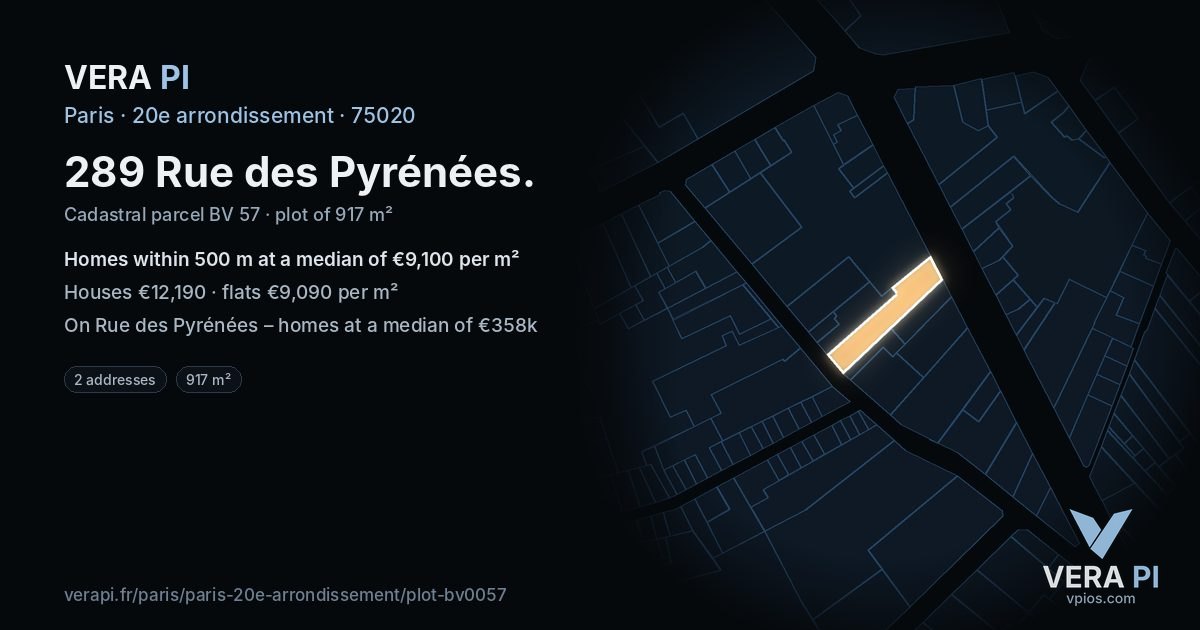 289 Rue des Pyrénées, 20e arrondissement at night – the plot lit, the parcels around coloured by the prices near them