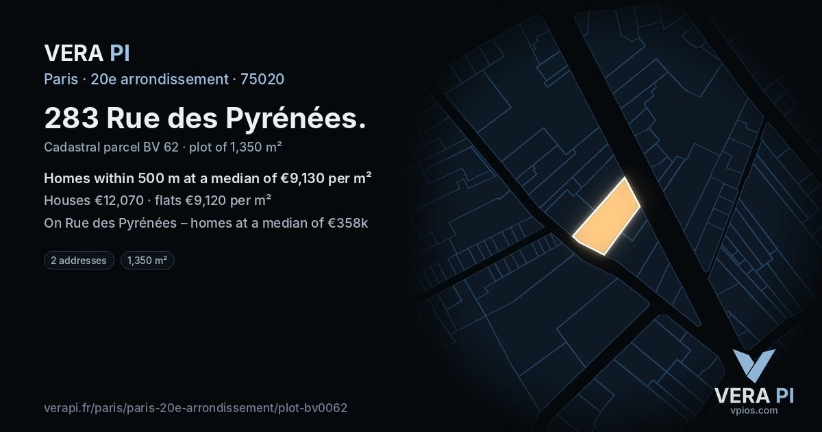 283 Rue des Pyrénées, 20e arrondissement at night – the plot lit, the parcels around coloured by the prices near them