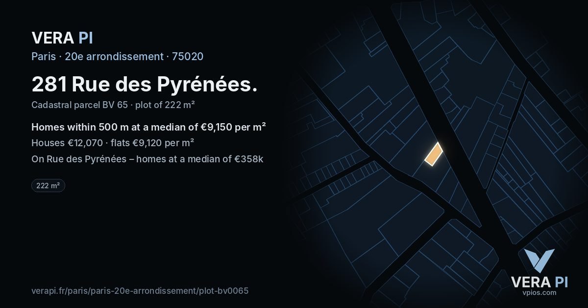281 Rue des Pyrénées, 20e arrondissement at night – the plot lit, the parcels around coloured by the prices near them