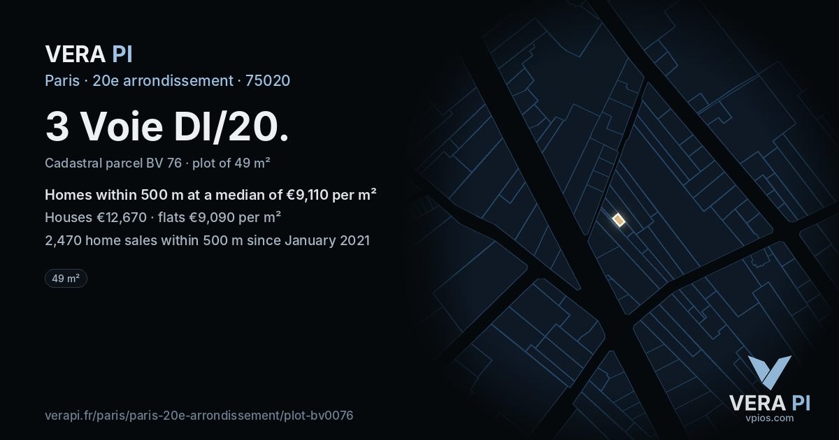 3 Voie Dl/20, 20e arrondissement at night – the plot lit, the parcels around coloured by the prices near them